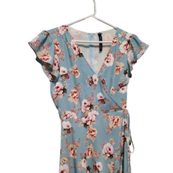 Lord & Taylor Blue Floral Wrap Side Tie Flutter Ruffle Cap Sleeve Mini Dress XS - Picture 2 of 16